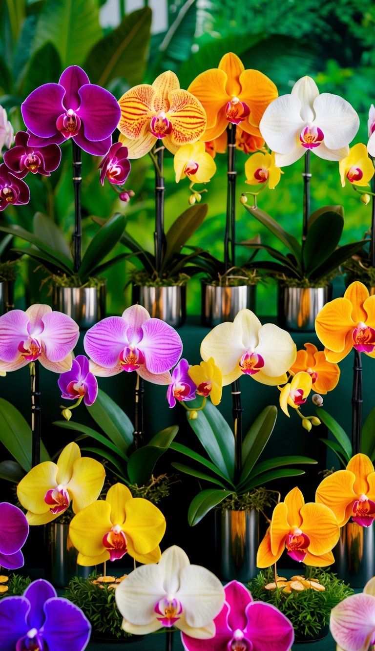 A vibrant display of 10 tropical flower arrangements, featuring exotic orchids in various colors and sizes, set against a lush green backdrop