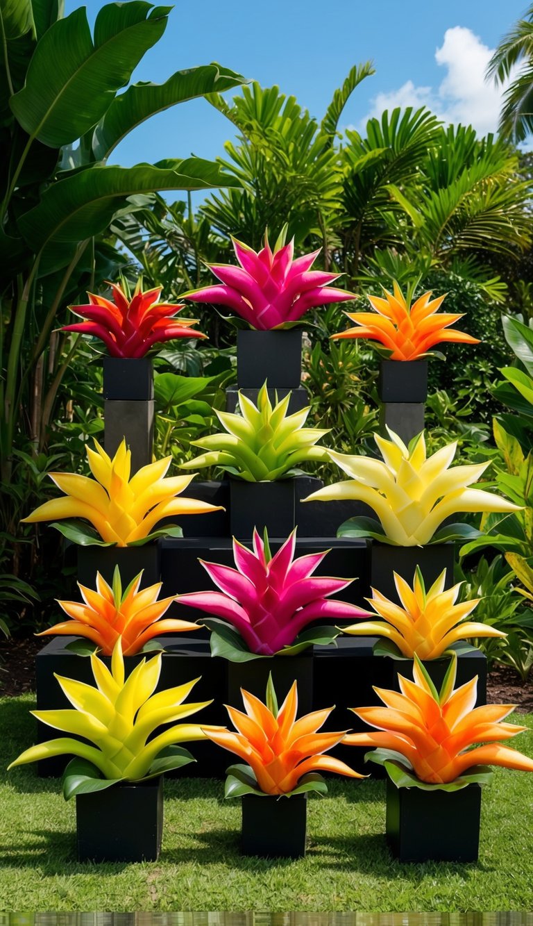A lush tropical garden with 10 vibrant heliconia flower arrangements in various sizes and colors, set against a backdrop of lush green foliage and a clear blue sky
