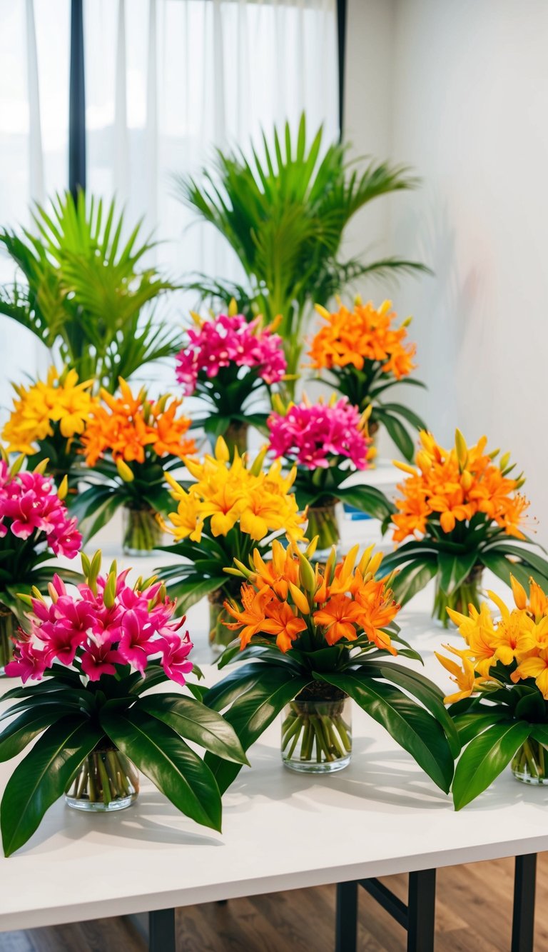A table with 10 vibrant tropical flower arrangements, featuring ginger blossoms, displayed in a well-lit room with a simple backdrop