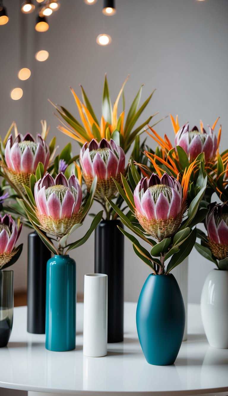 A vibrant array of Protea flowers in various colors and sizes arranged in modern vases on a sleek, white table