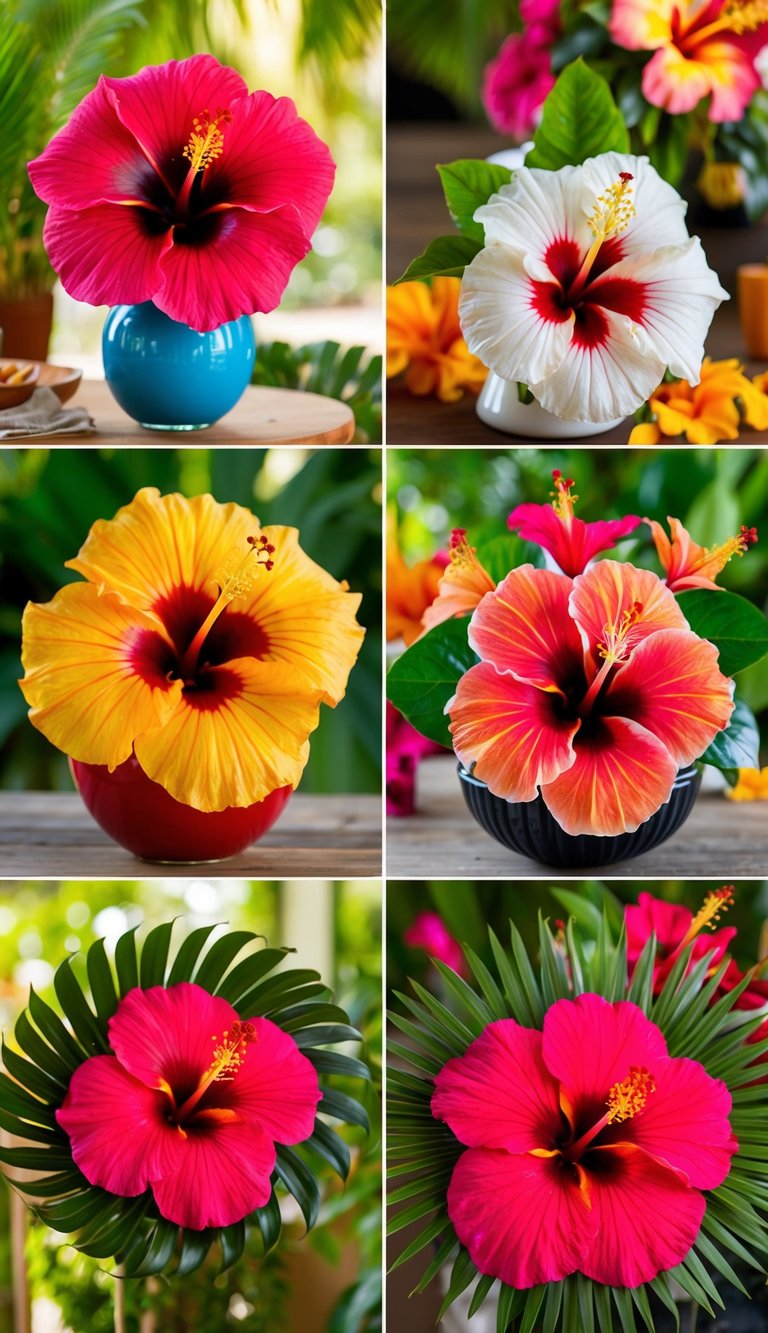 Vibrant hibiscus flowers arranged in a variety of tropical settings, including vases, bouquets, and wreaths
