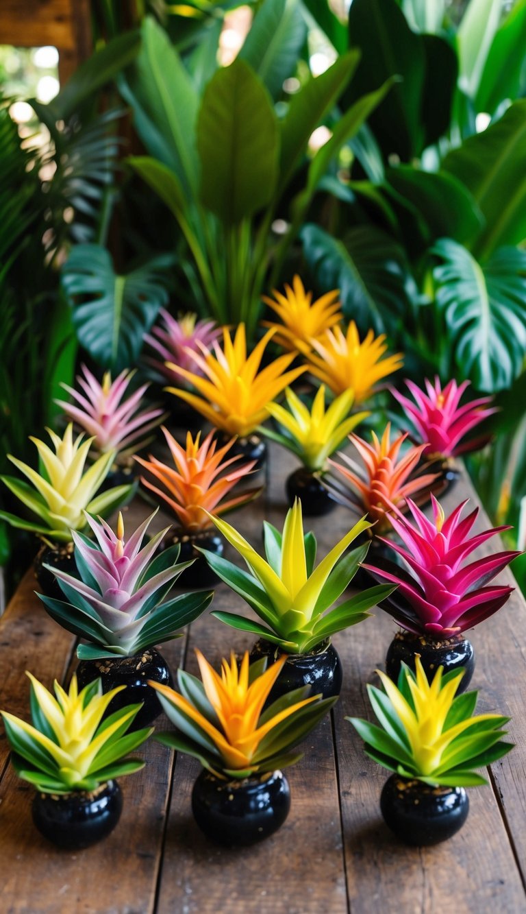 A colorful array of 10 tropical bromeliad flower arrangements displayed on a rustic wooden table against a lush green backdrop