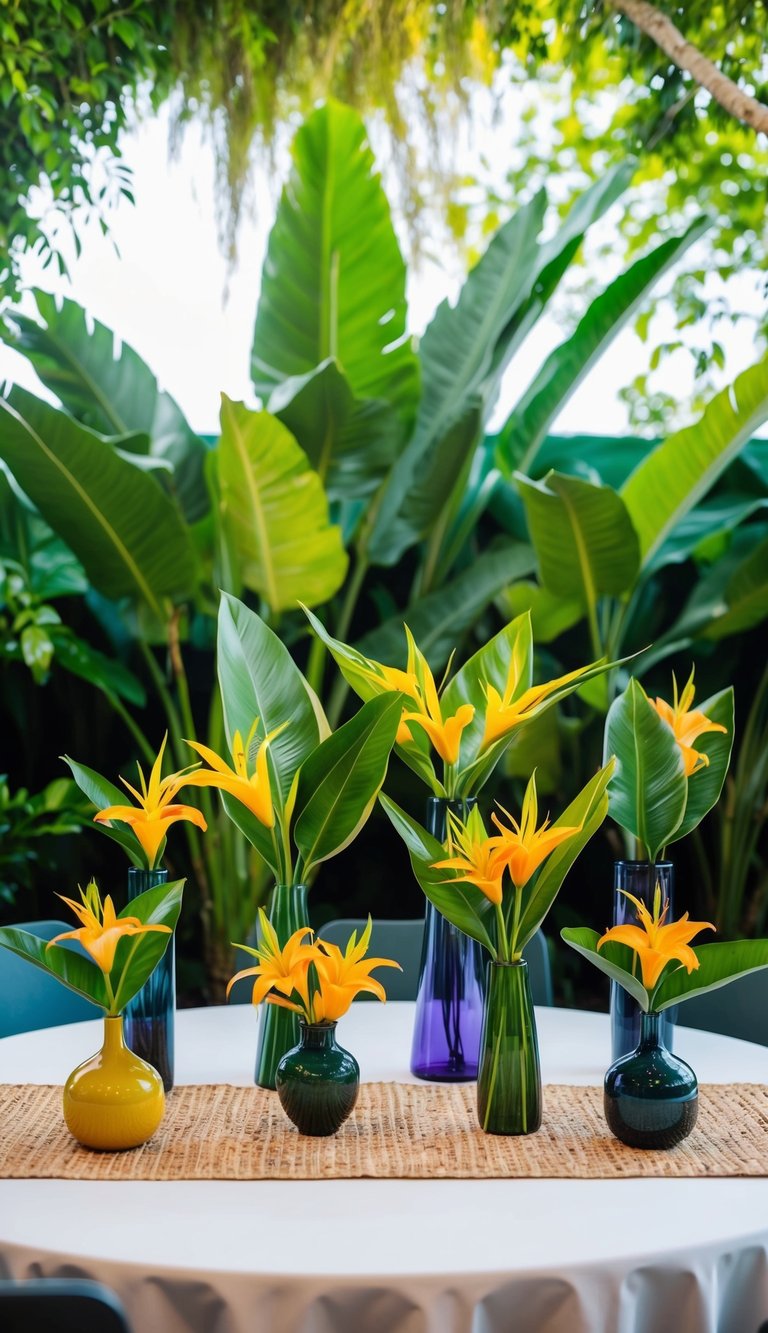 A table with 10 Ti Leaf Twist tropical flower arrangements in various vases, set against a backdrop of lush green foliage