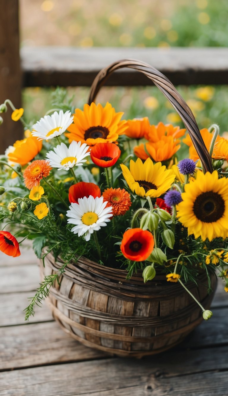 A vibrant bouquet of wildflowers, including daisies, poppies, and sunflowers, arranged in a rustic, woven basket