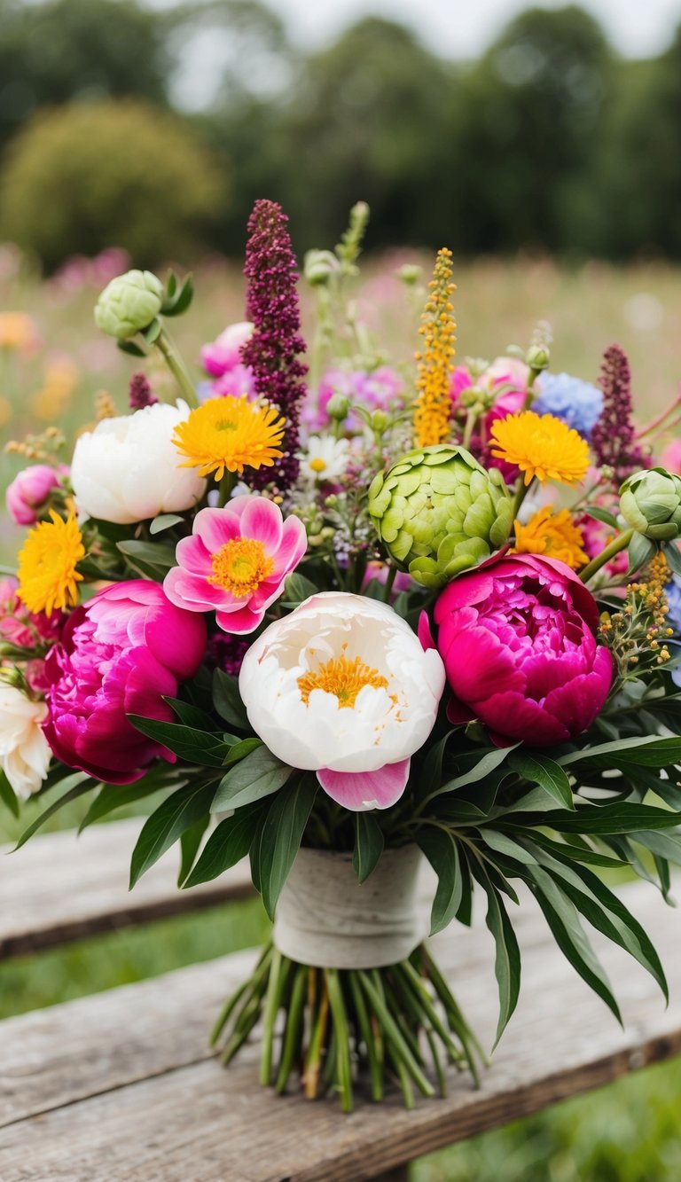 A colorful mix of charming peonies and wildflowers in a rustic bouquet