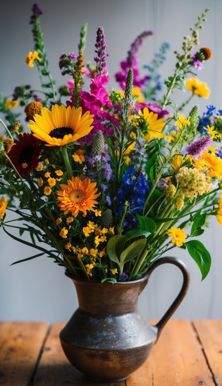 A vibrant medley of wildflowers bursting from a rustic vase, showcasing a mix of colors, shapes, and textures