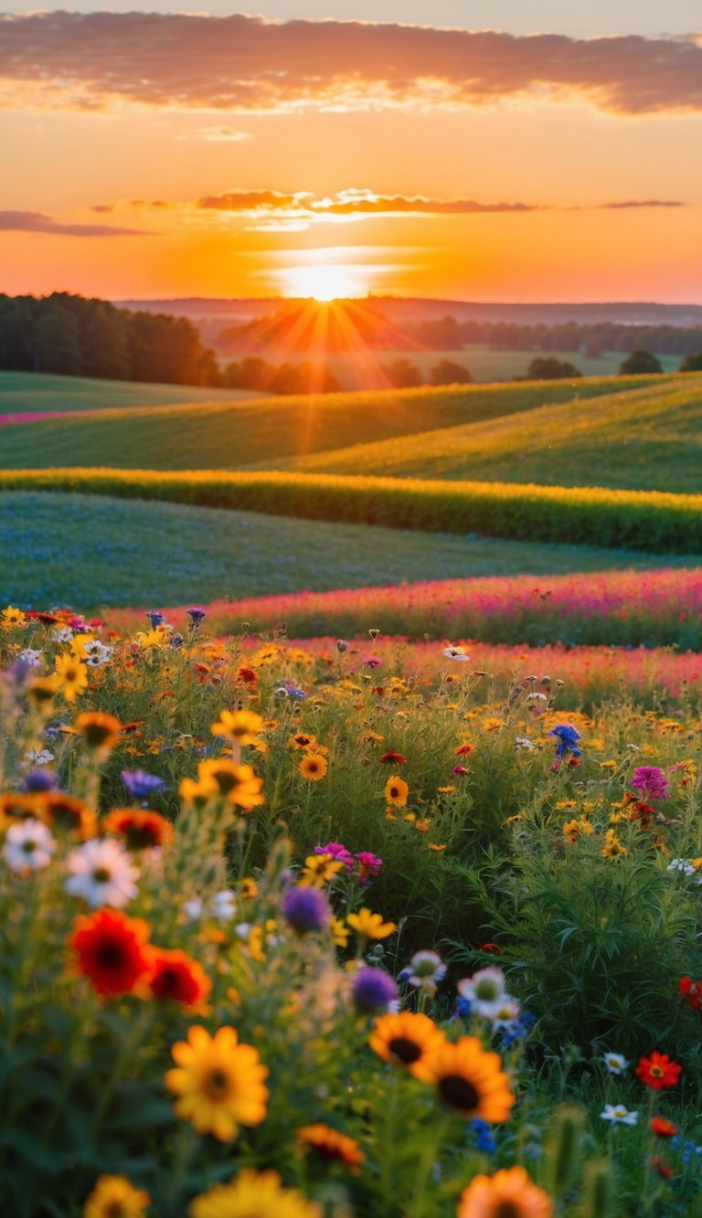 A vibrant sunset over rolling fields filled with wildflowers in various colors and shapes