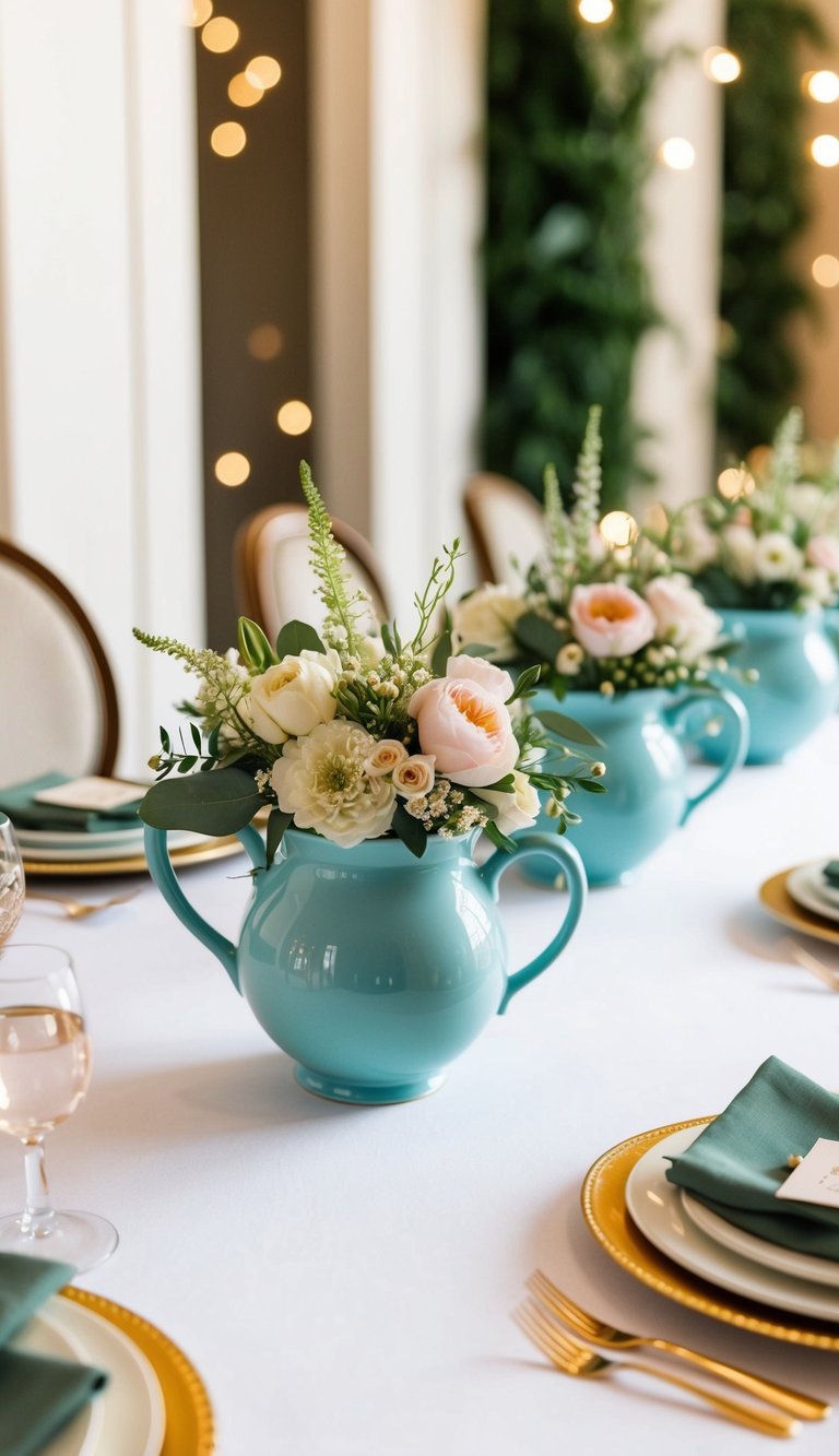 A table adorned with floral teapot centerpieces for a baby shower, featuring delicate blooms and greenery in a charming arrangement