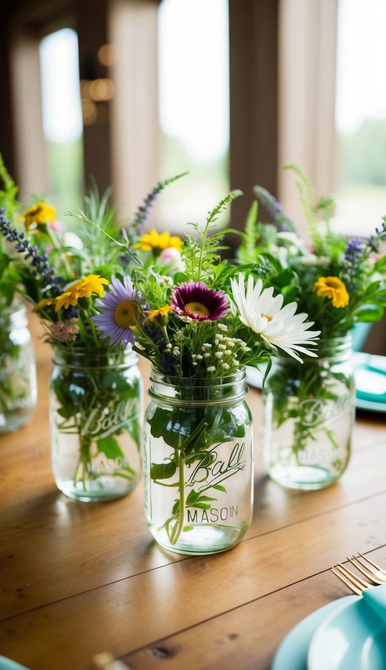 Mason jars filled with wildflowers and greenery arranged as baby shower centerpieces on a wooden table