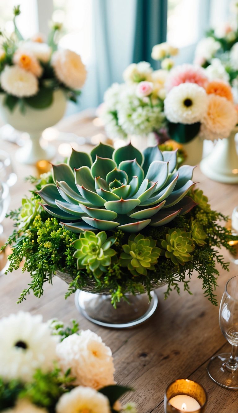 A lush succulent centerpiece surrounded by delicate baby shower flower arrangements