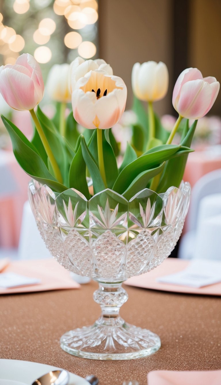 A crystal tulip bowl filled with pastel flowers as a baby shower centerpiece