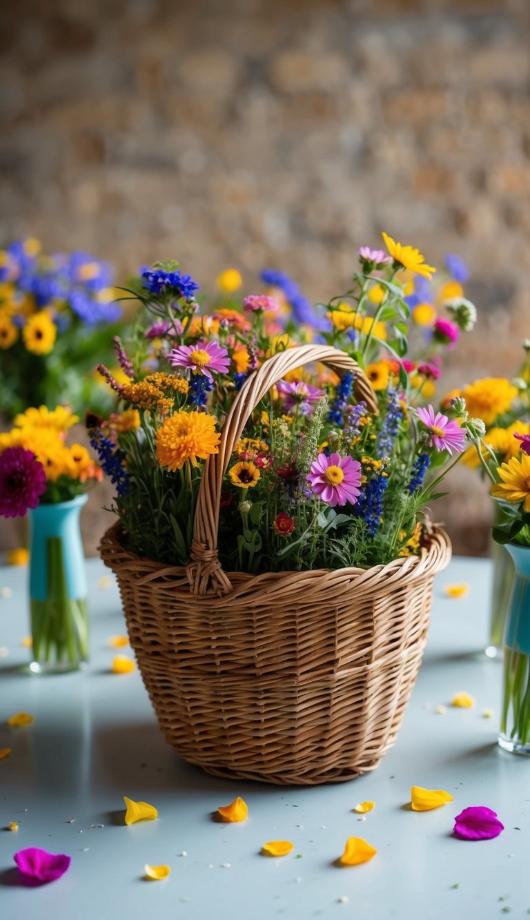 A wicker basket filled with colorful wildflowers, surrounded by smaller vases of matching blooms, set on a table with scattered petals