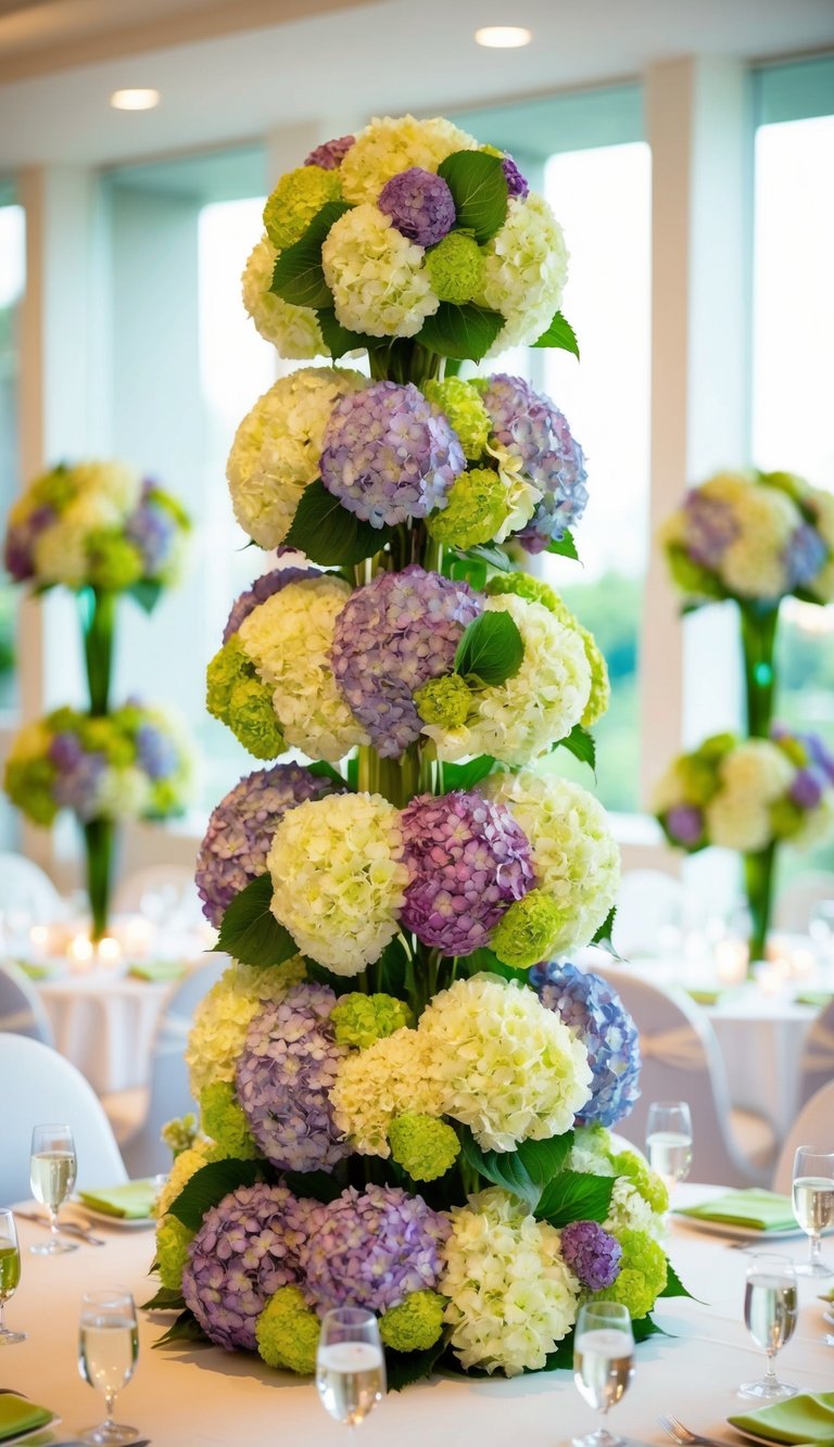 A tall tower of hydrangea flower centerpieces adorns the baby shower tables. The vibrant blooms create a beautiful and elegant focal point for the celebration