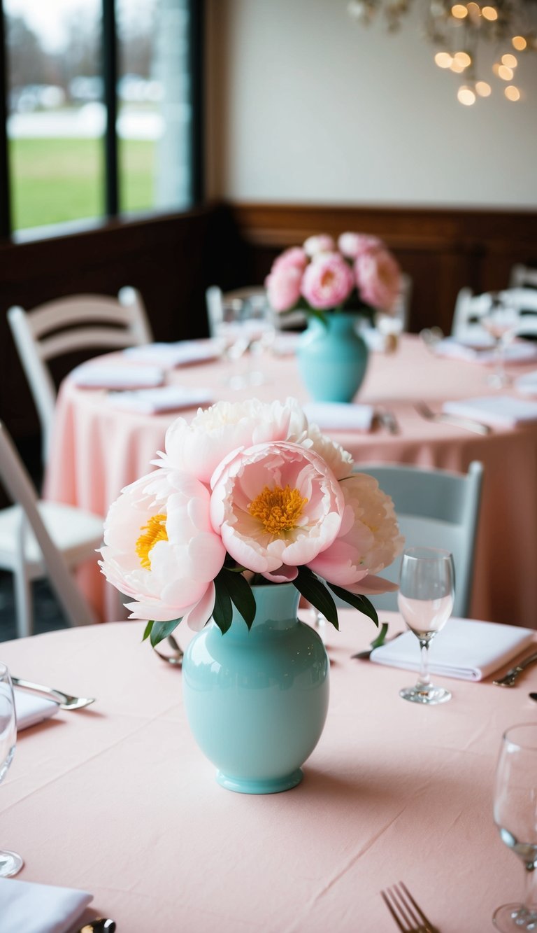 A round table with pastel peony vases as baby shower centerpieces