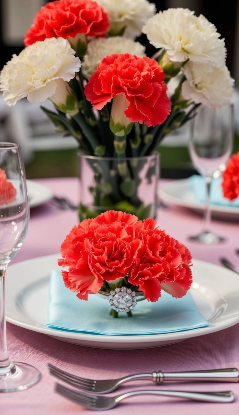 A table set with carnation ring baby shower flower centerpieces
