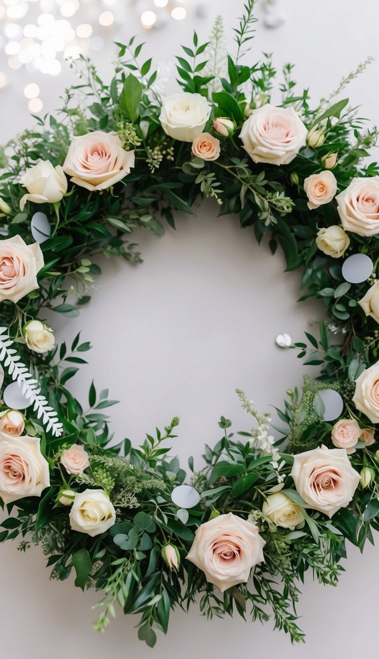 A circular arrangement of garden roses and greenery, with delicate baby shower decorations intertwined