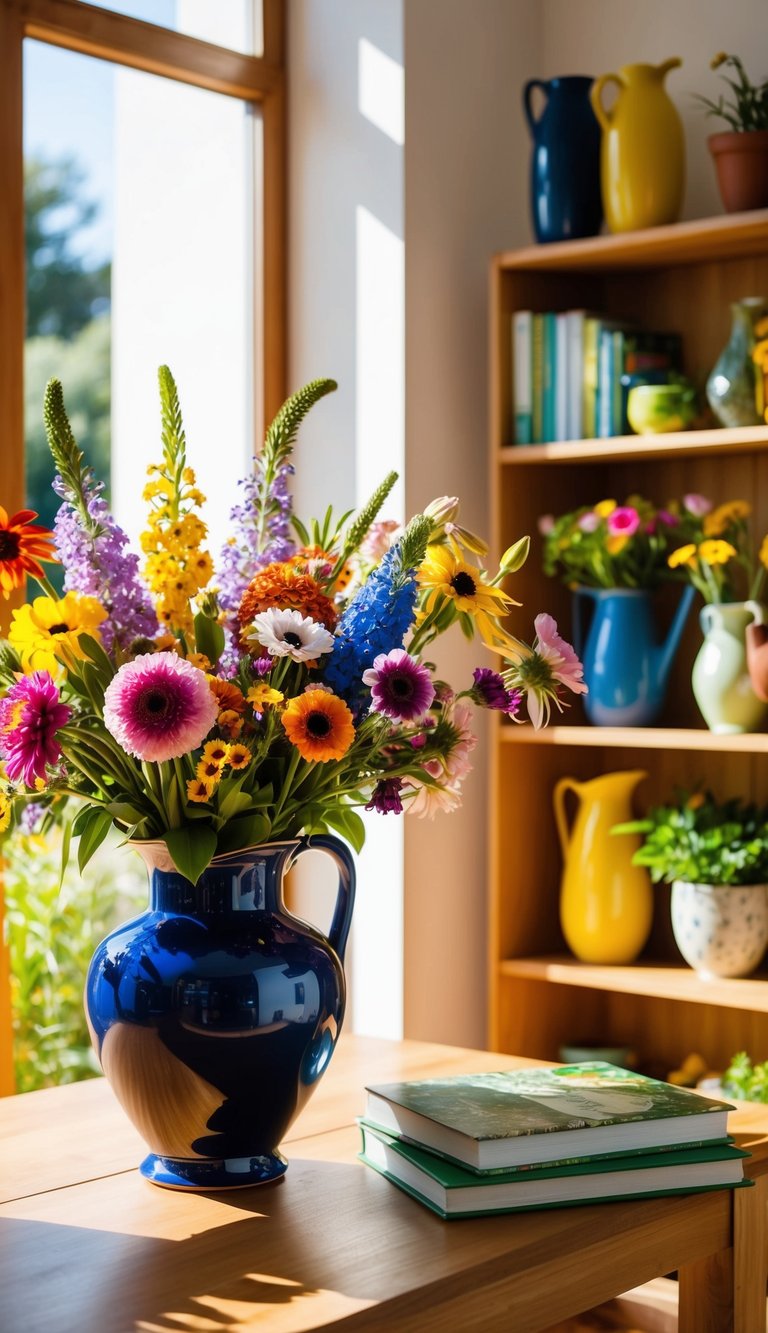 A vase filled with a variety of colorful flowers sits on a wooden table in a sunlit room. Nearby, a bookshelf holds more vases and gardening books