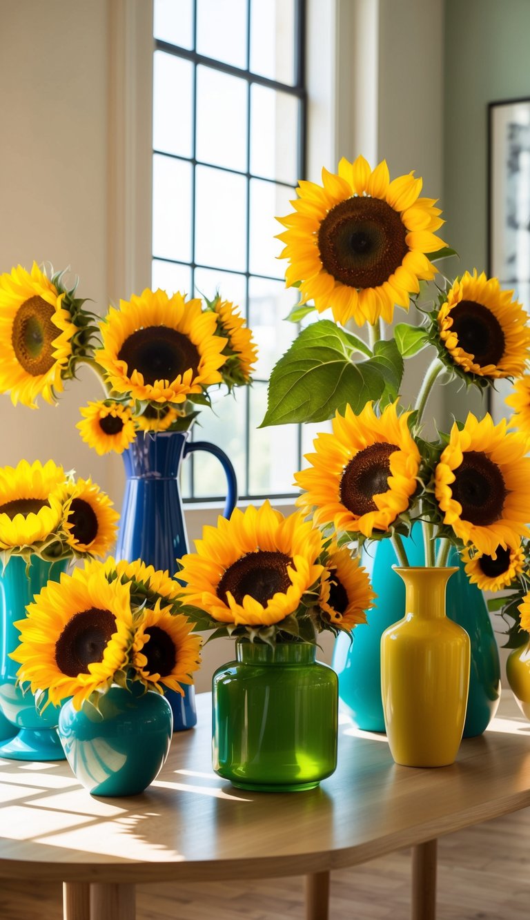 A sunlit room with 10 vibrant sunflower arrangements in various vases and containers, adding a burst of color and cheer to the space