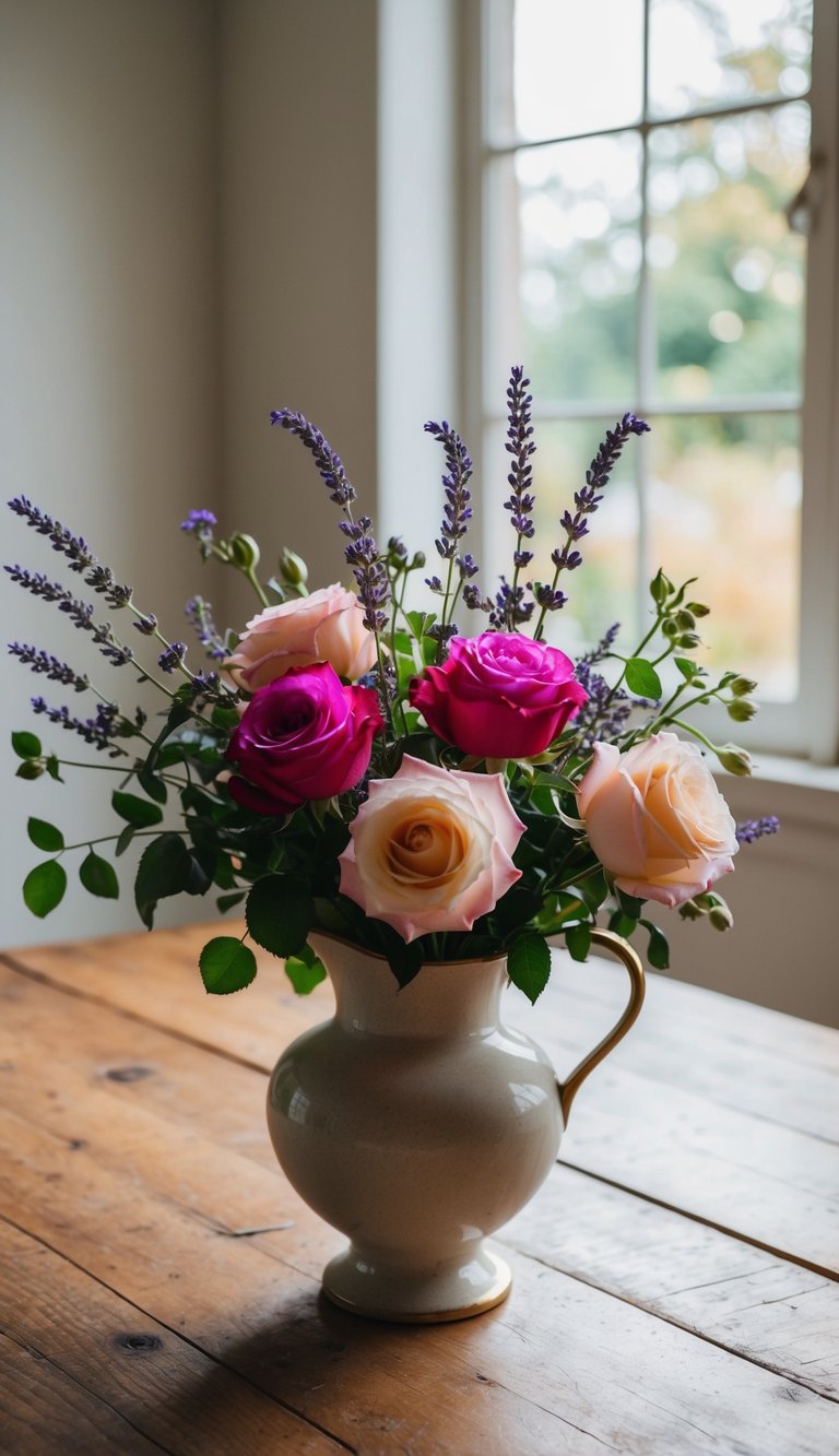 A vase filled with a mix of vibrant roses and delicate lavender sprigs, set on a rustic wooden table with soft natural light filtering through a nearby window