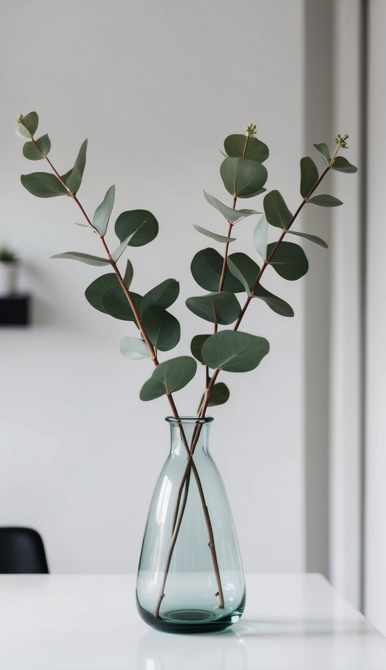 A simple glass vase holds eucalyptus stems, creating a minimalist floral arrangement for a modern home