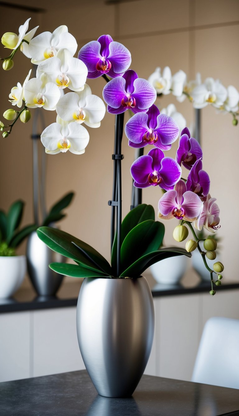 A sleek, modern vase holds a stunning array of delicate orchids in various colors and sizes, arranged with precision and artistry