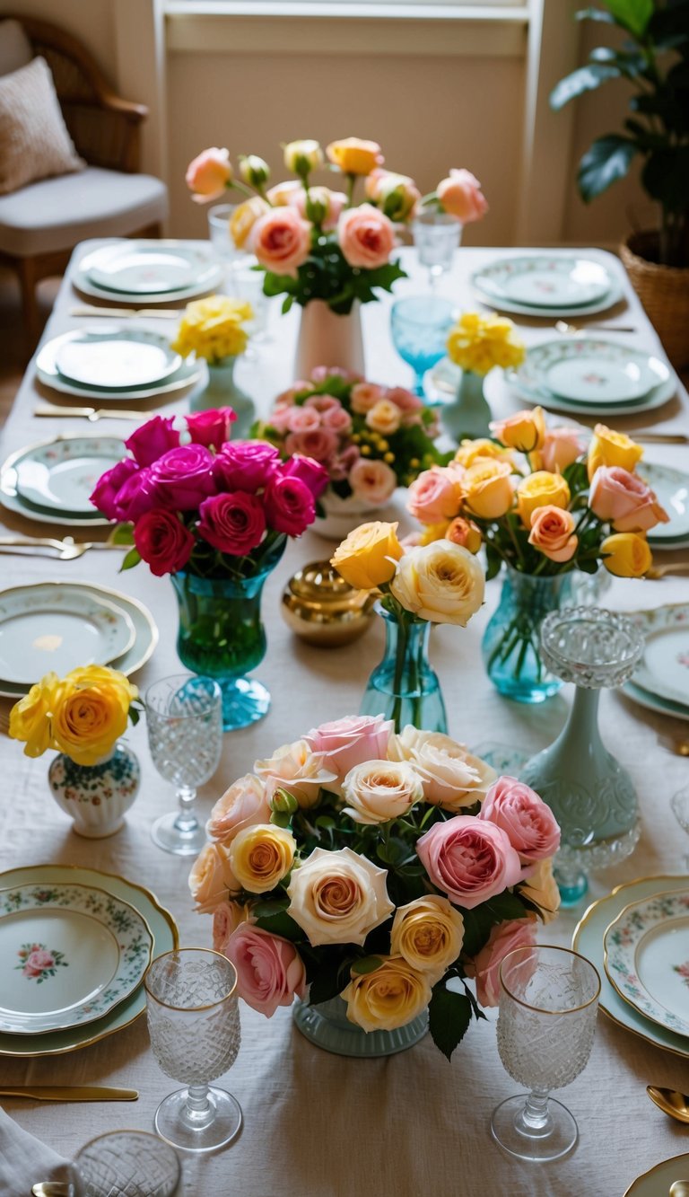 A table set with 10 different floral arrangements in vintage tea rose colors, placed in various vases and containers around a cozy home