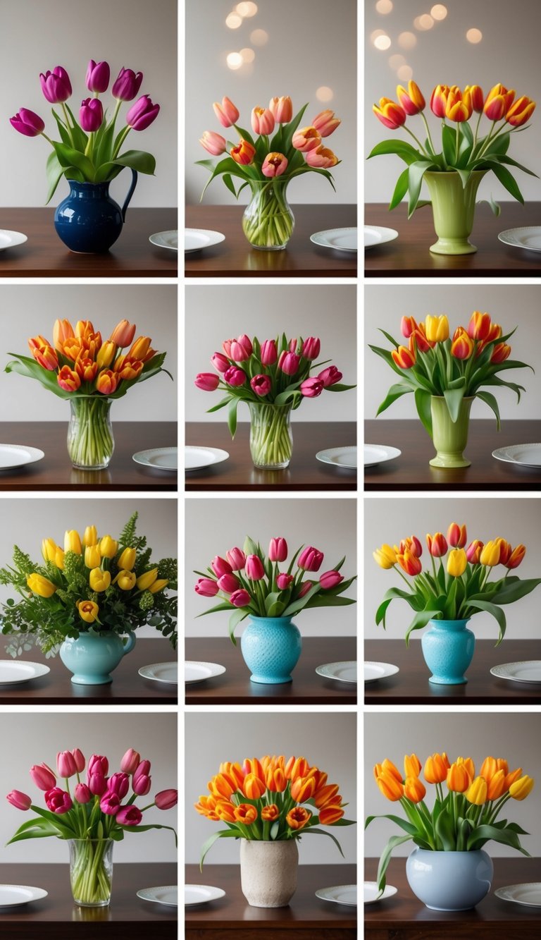 A table with 10 different floral arrangements in various vases, featuring tulips in vibrant colors and complementing greenery