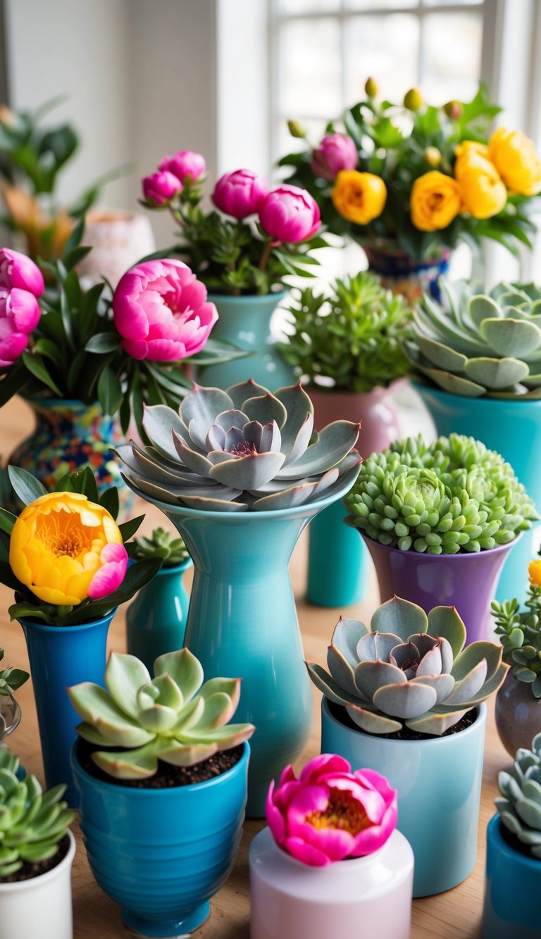 A vibrant fusion of succulents and peonies arranged in a variety of vases and containers, creating a beautiful and colorful display for the home