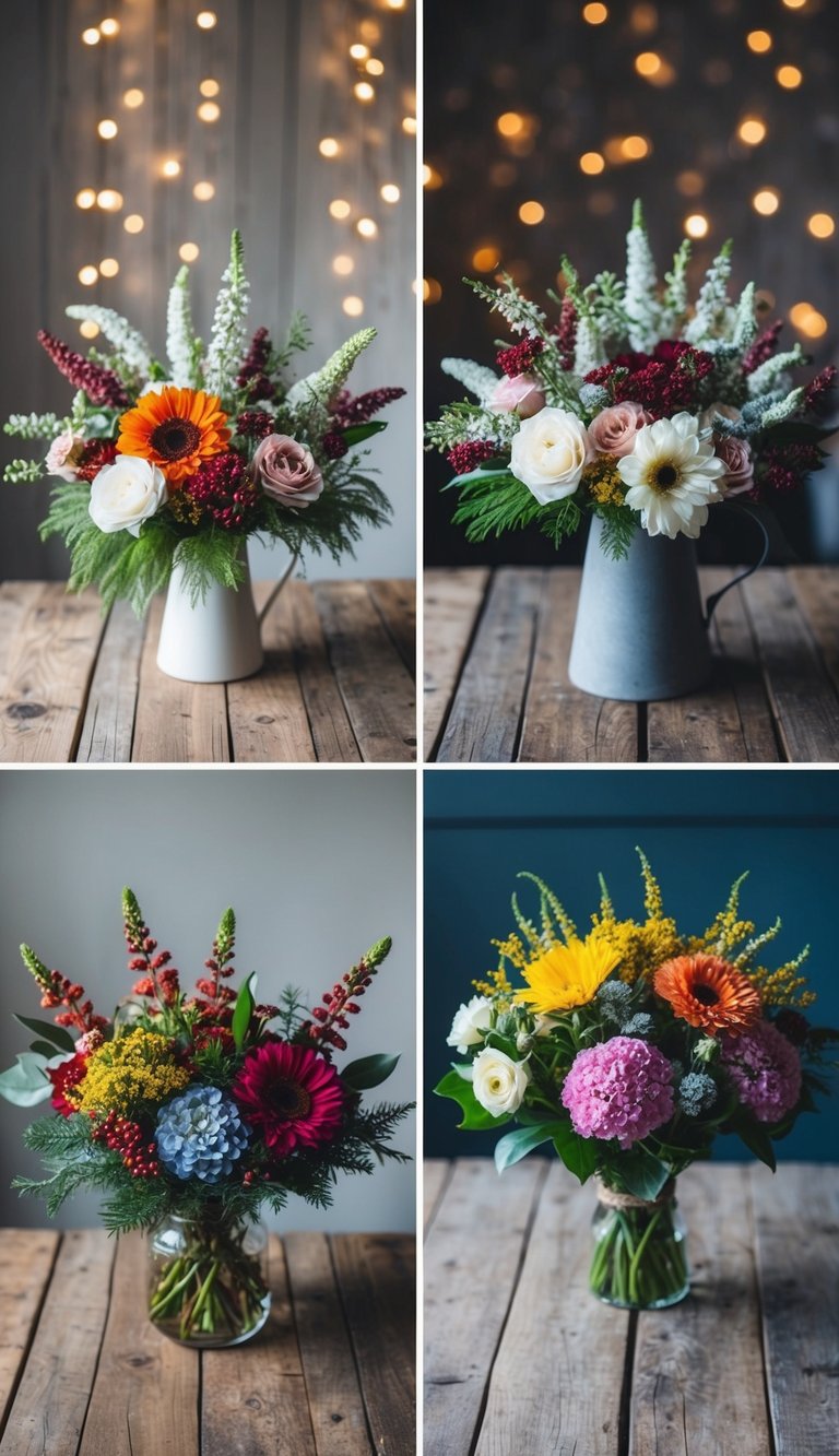 Four winter flower bouquets in various color palettes arranged on a rustic wooden table