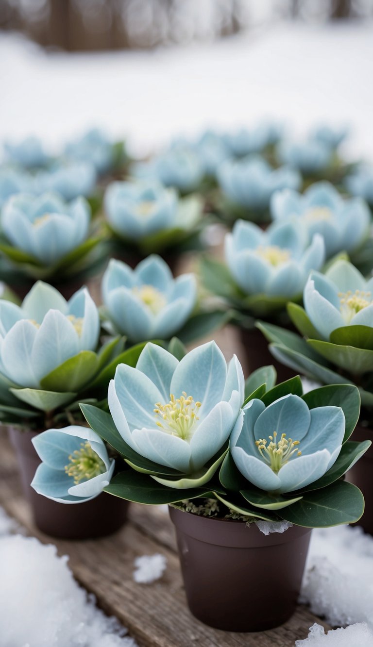 Icy blue hellebores arranged in winter bouquets