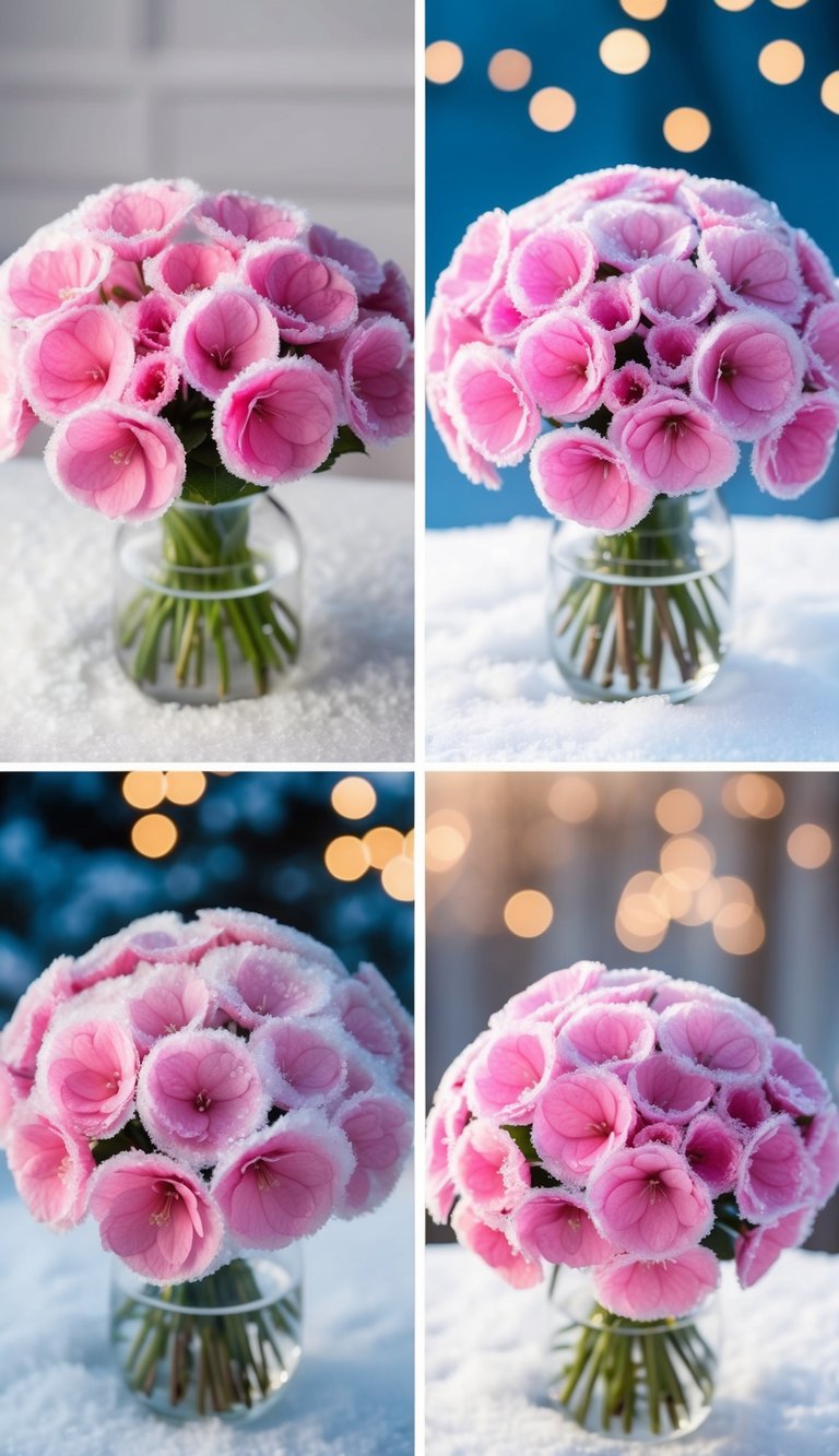 Four bouquets of frosty pink cyclamen arranged in a winter color palette