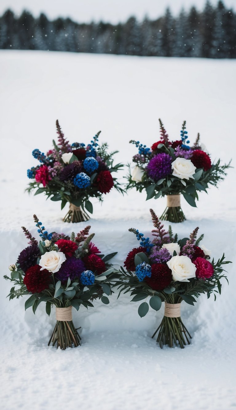 A snowy landscape with four bouquets featuring a unique winter flower color palette, including deep reds, purples, blues, and whites