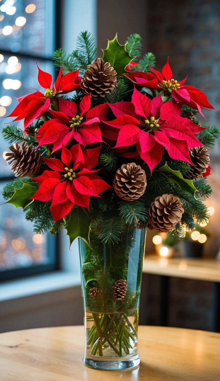 A festive bouquet of poinsettias, holly, and pine cones arranged in a tall glass vase