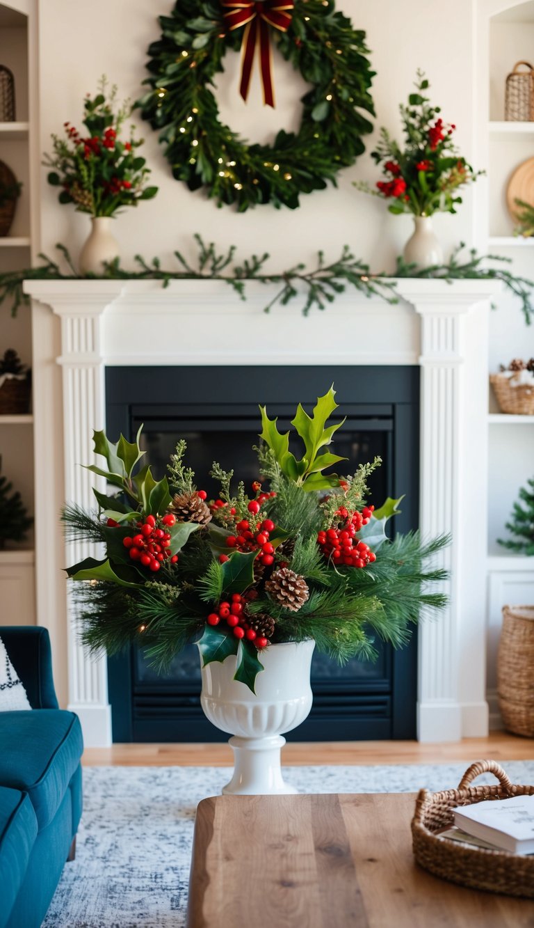A cozy living room with a fireplace, adorned with a large Christmas flower bouquet featuring mistletoe, holly, and pine branches