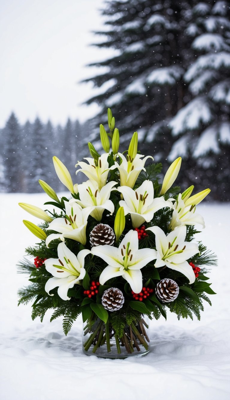 A snowy landscape with lilies and other winter flowers arranged in a festive Christmas bouquet