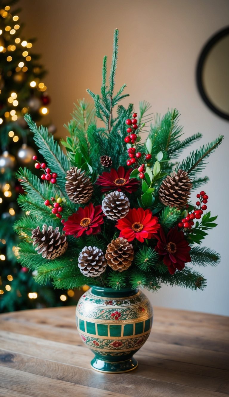 A festive bouquet featuring evergreen branches, pinecones, and 12 different types of Christmas flowers arranged in a decorative vase