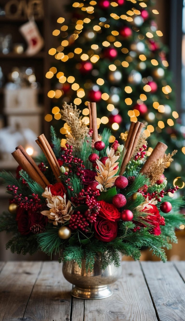 A festive arrangement of cinnamon spice and floral mix Christmas bouquets displayed on a rustic wooden table