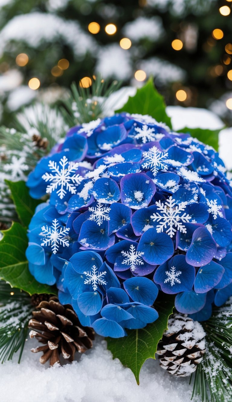 Snowflakes settle on vibrant blue hydrangeas in a festive Christmas bouquet, nestled among snowy branches and pinecones