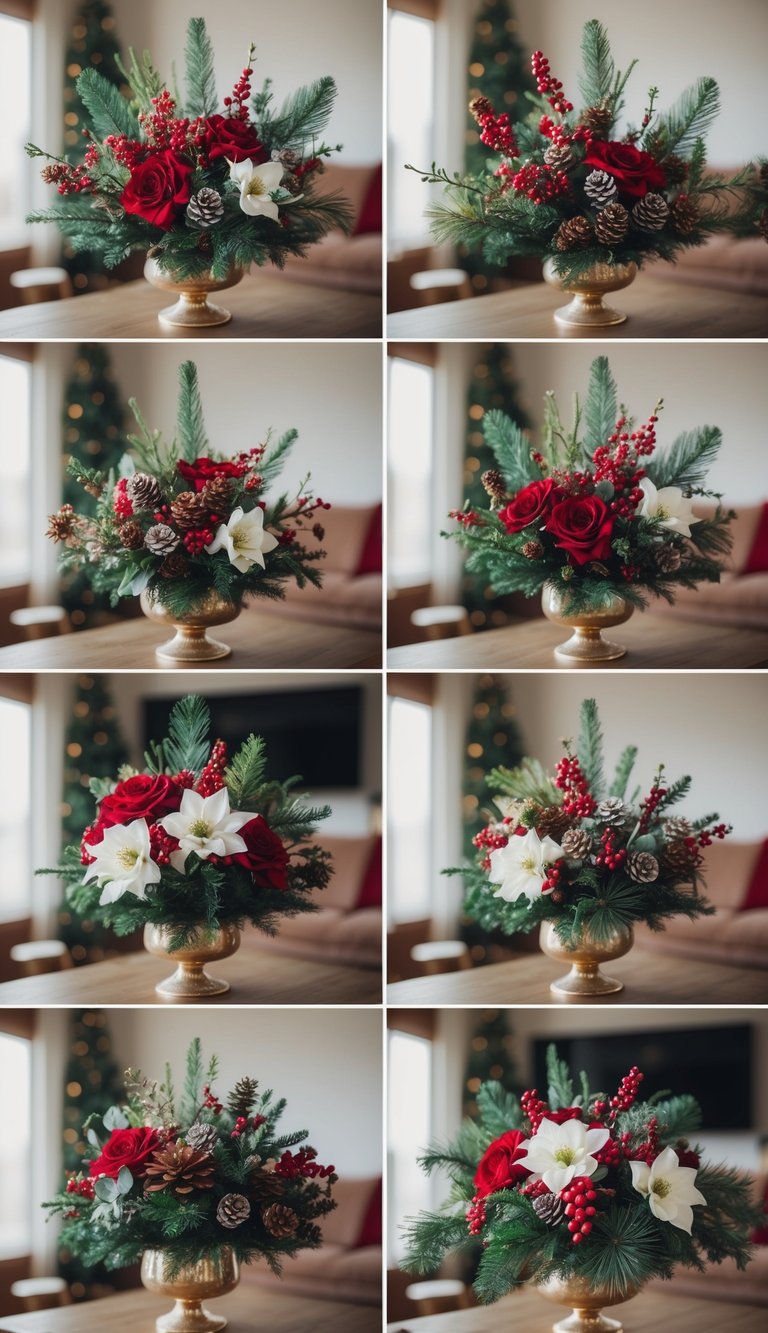 A cozy living room adorned with 12 Christmas flower bouquets, each filled with winterberry blooms, pine branches, and festive greenery