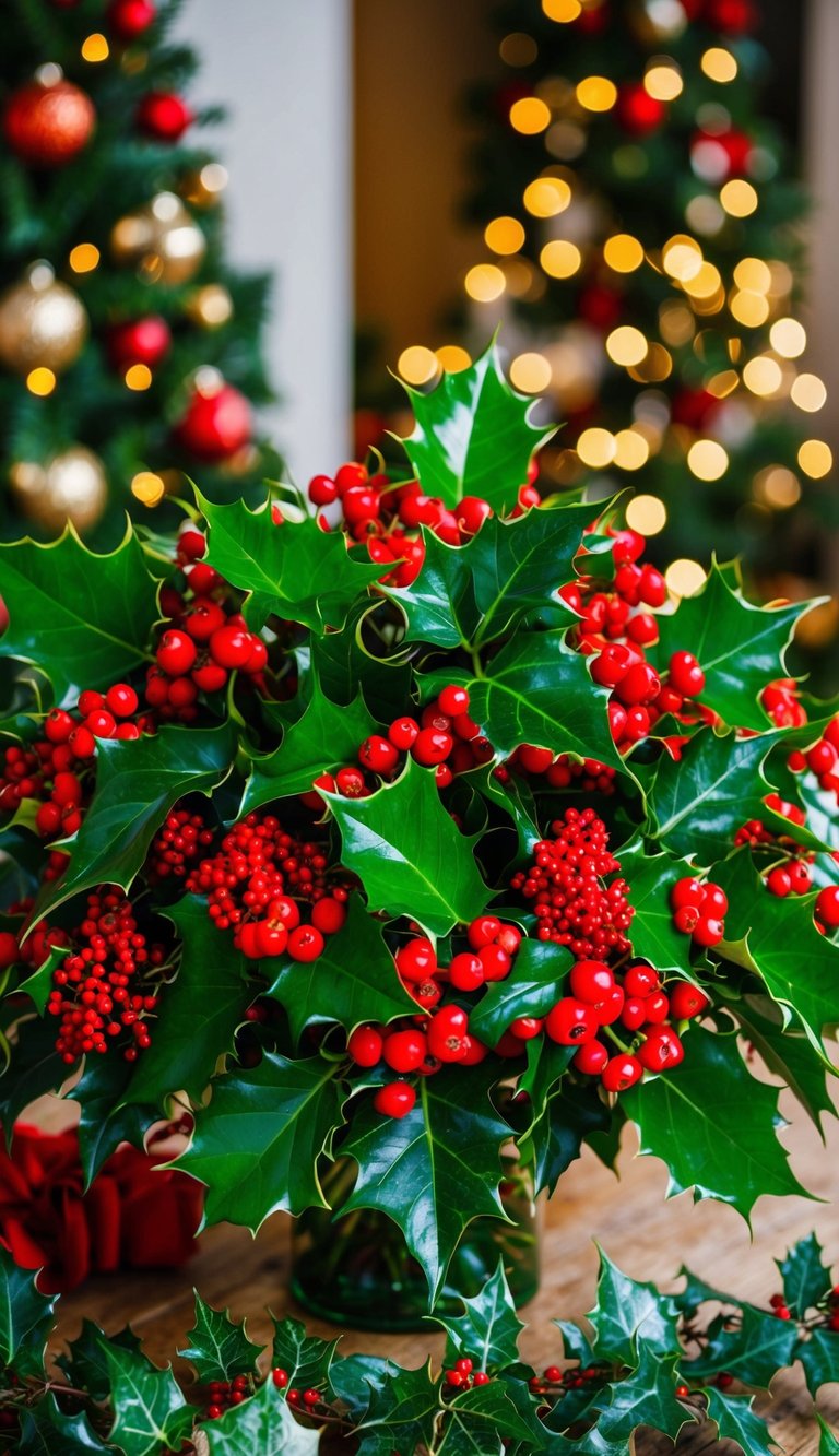 A vibrant bouquet of holly and ivy, adorned with red berries and green leaves, arranged in a festive Christmas setting