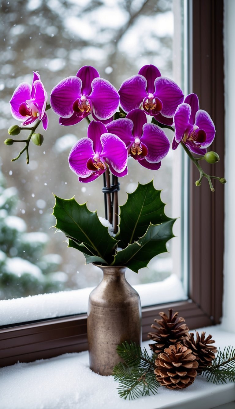 A festive bouquet of sugar plum orchids, holly, and pine cones arranged in a rustic vase on a snowy windowsill