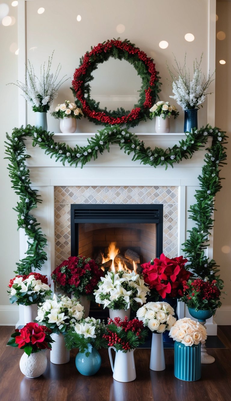 A cozy fireplace adorned with winter jasmine garlands, surrounded by 12 different Christmas flower bouquets in various vases