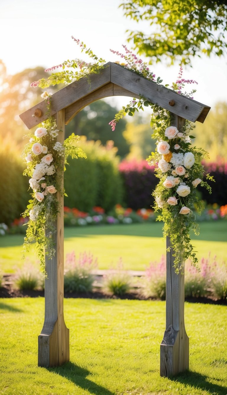 A rustic wooden arch adorned with flowers stands in a sunlit garden