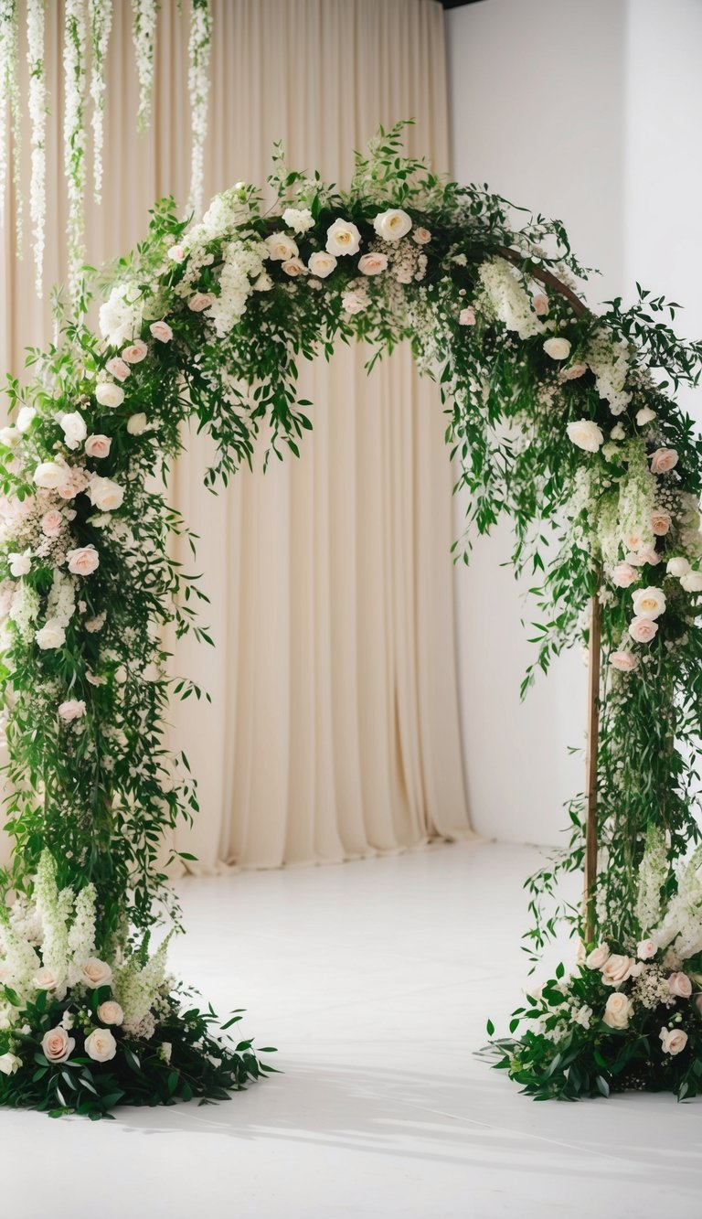 A lush floral hoop arch stands as a romantic backdrop, adorned with cascading blooms and greenery for a dreamy wedding setting