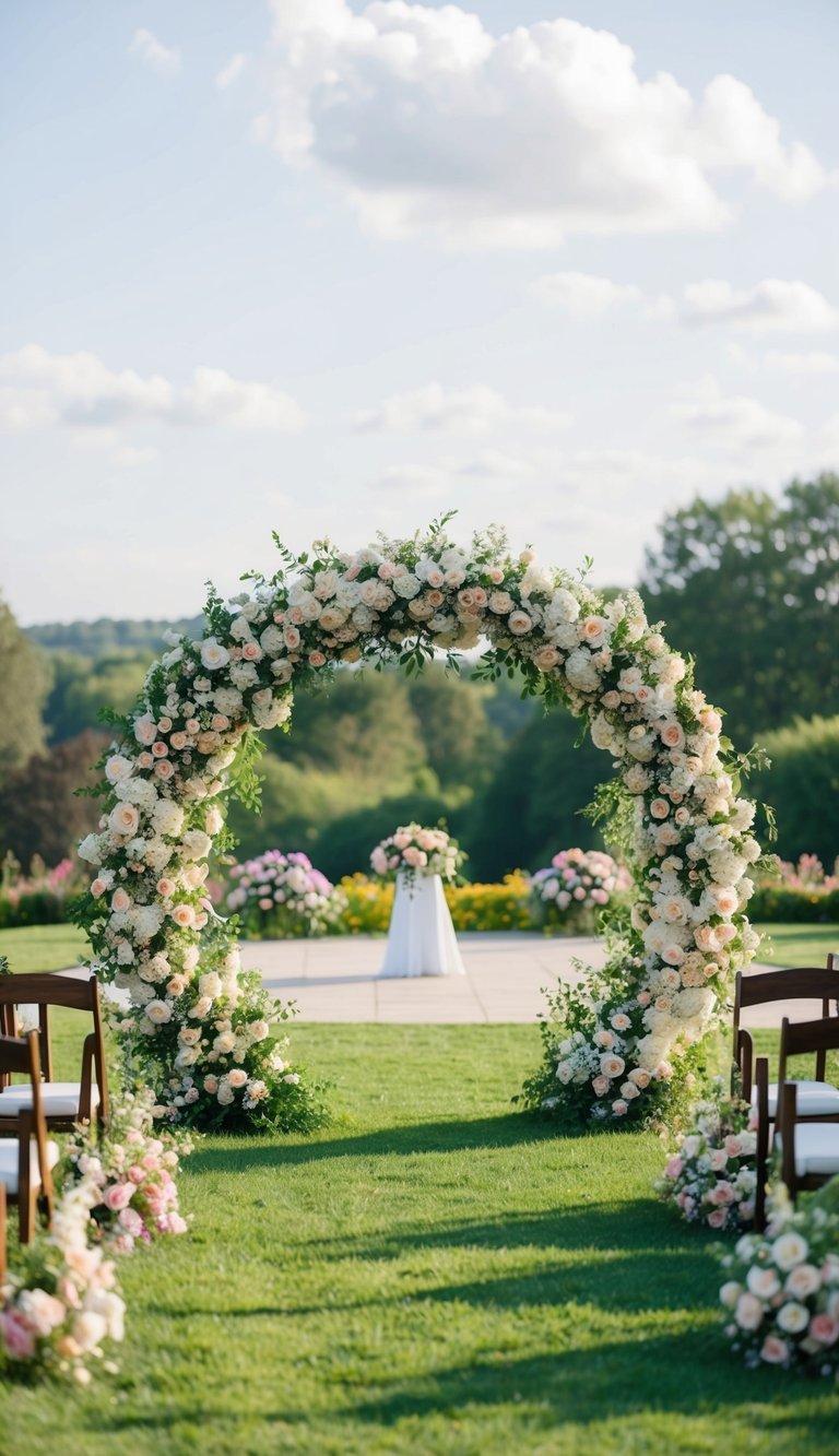 A circular flower arch stands adorned with vibrant blooms, creating a picturesque setting for a wedding ceremony
