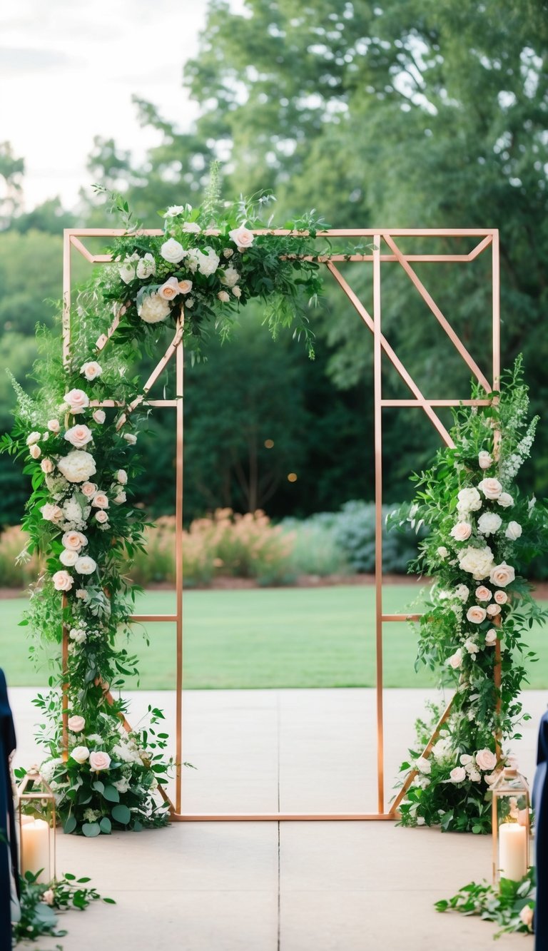 A geometric copper frame adorned with lush flowers and greenery, creating a stunning wedding arch