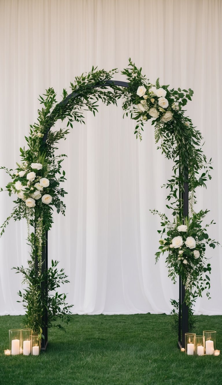 A simple, elegant wedding arch adorned with lush greenery and minimal floral accents