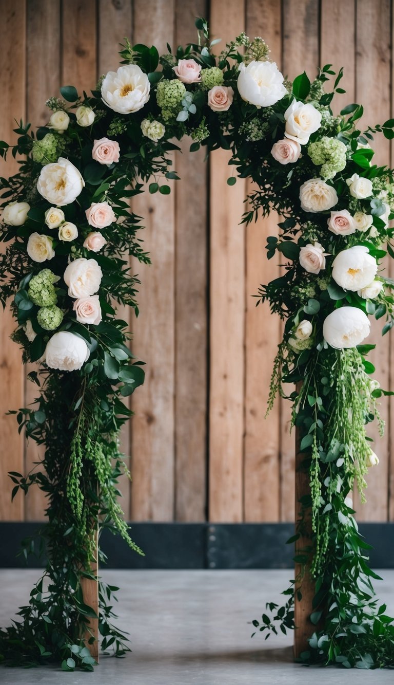 A lush floral arch with asymmetrical arrangement of roses, peonies, and greenery, set against a rustic wooden backdrop