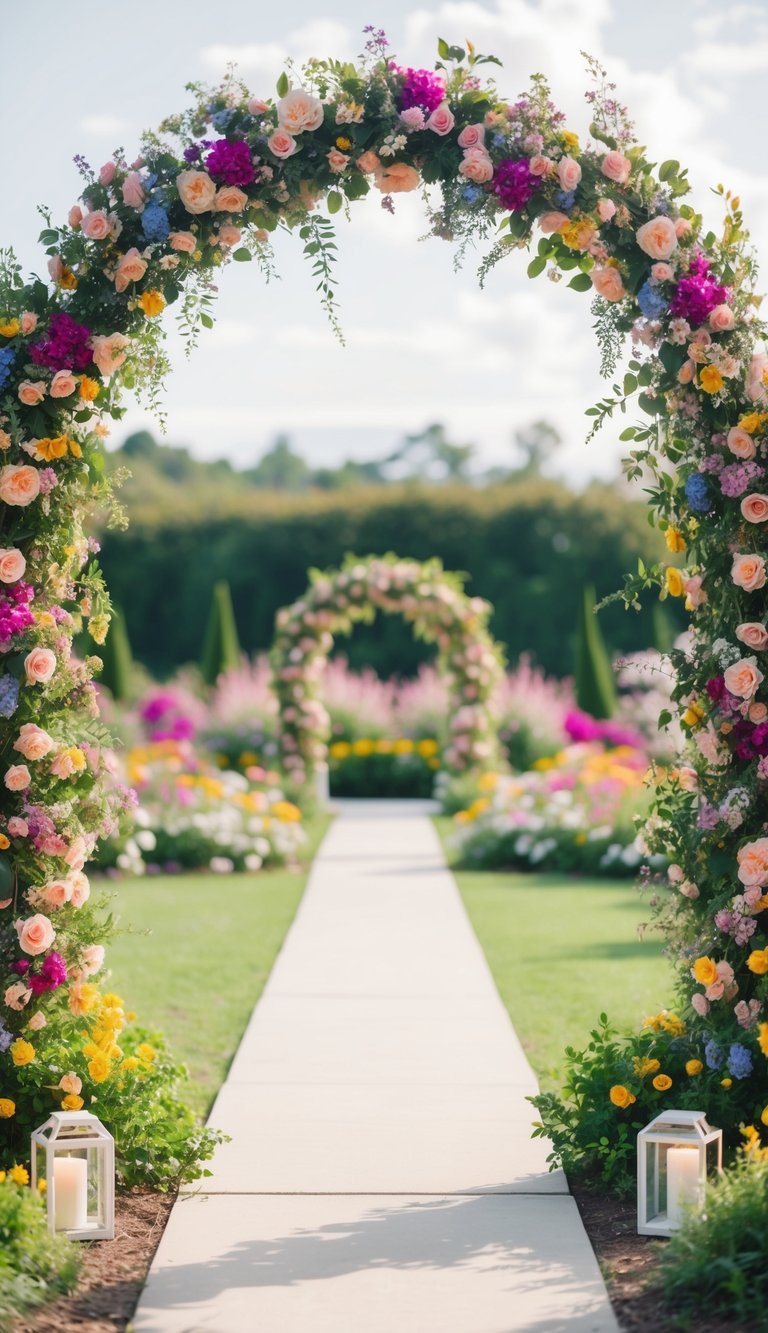A whimsical flower arch adorned with colorful blooms and foliage, creating a dreamy and romantic atmosphere