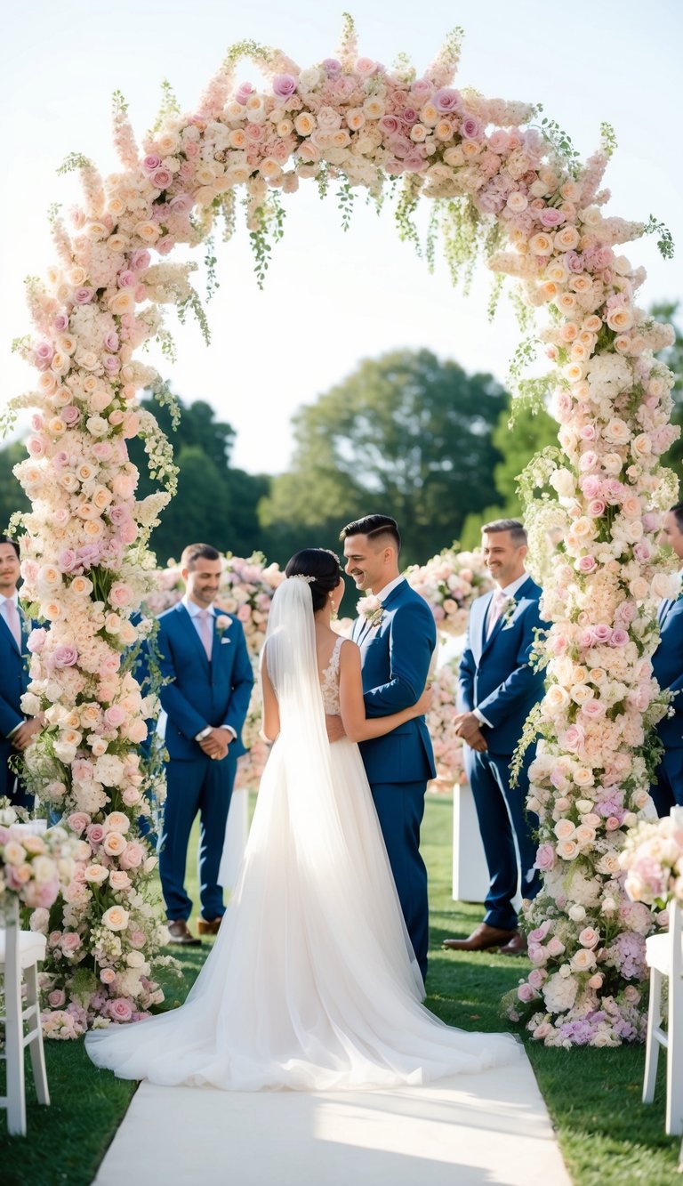 A lush arch of pastel blooms frames a wedding ceremony, with delicate flowers cascading in a soft, romantic arrangement